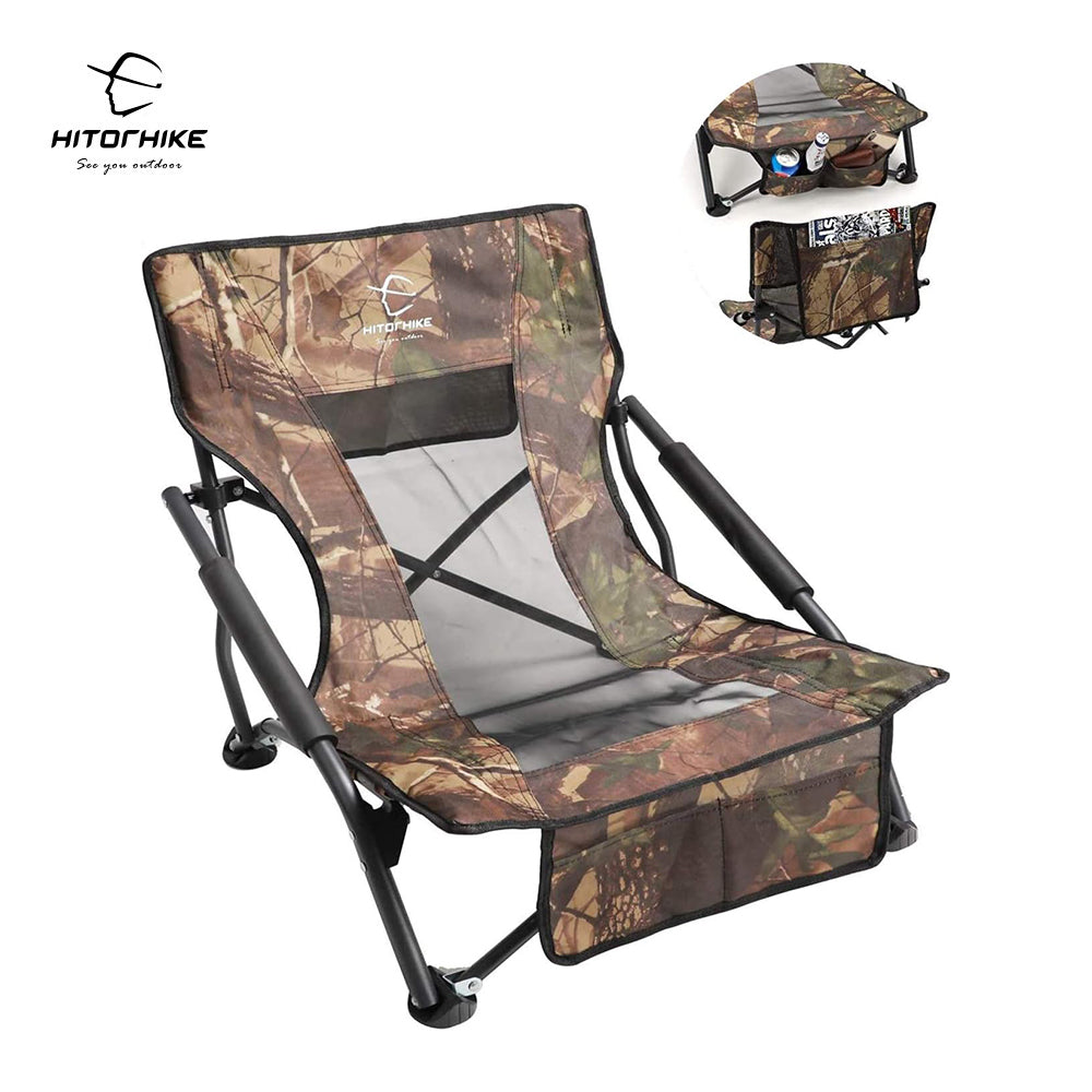 HITORHIKE Low Sling Beach Camping Concert Folding Chair with Armrests and Breathable Nylon Mesh Back Compact and Sturdy Chair