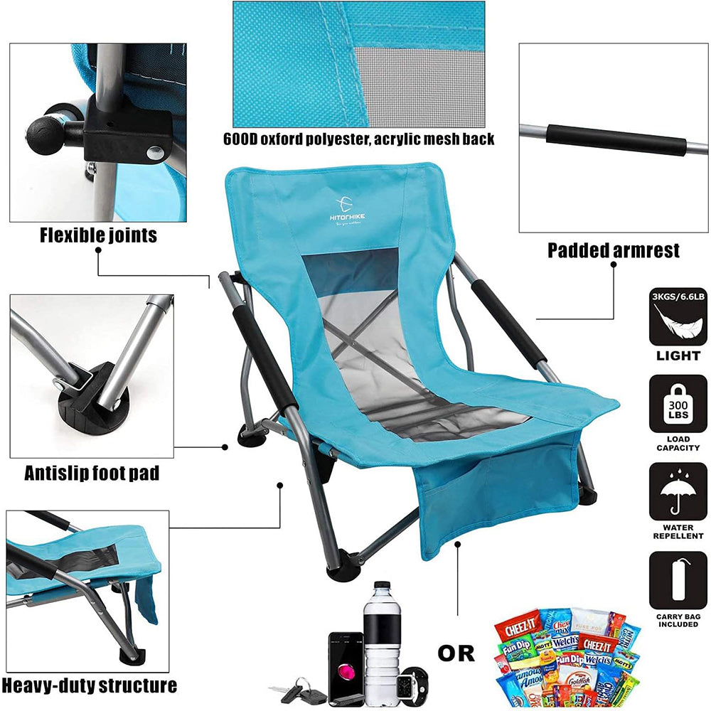 HITORHIKE Low Sling Beach Camping Concert Folding Chair with Armrests and Breathable Nylon Mesh Back Compact and Sturdy Chair
