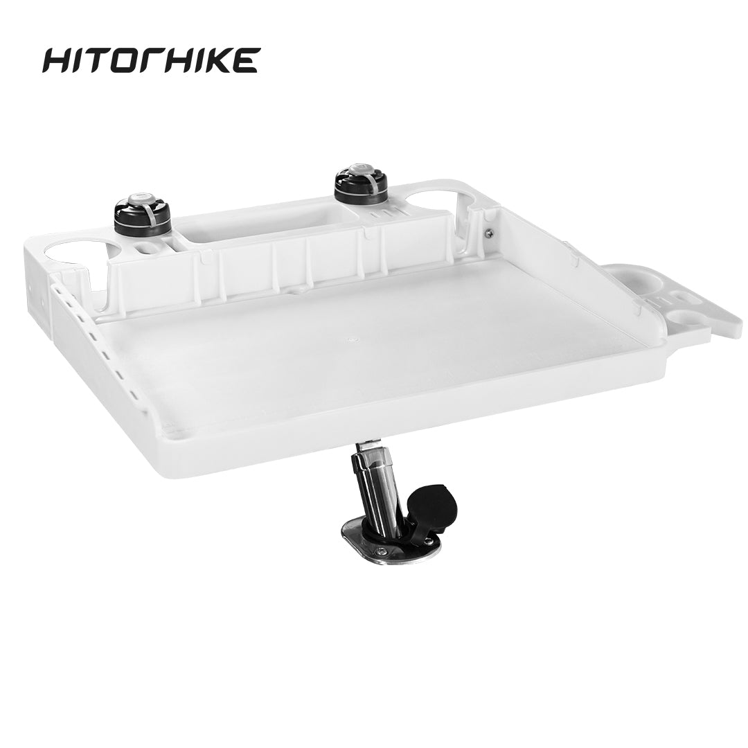 HITORHIKE Boat Cutting Board Bait Table with Stainless Steel Arm, Single Rod Holder, 360° Rotating Surface, Knife & Plier Slots, Drain Channel – Fish