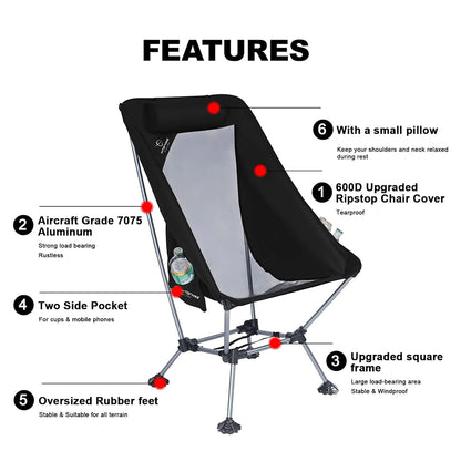 HITORHIKE Camping Chair with Nylon Mesh and Comfortable Headrest Ultralight High Back Folding Camp Chair Portable Compact for Camping, Hiking, Backpacking, Picnic, Festival, Family Road Trip