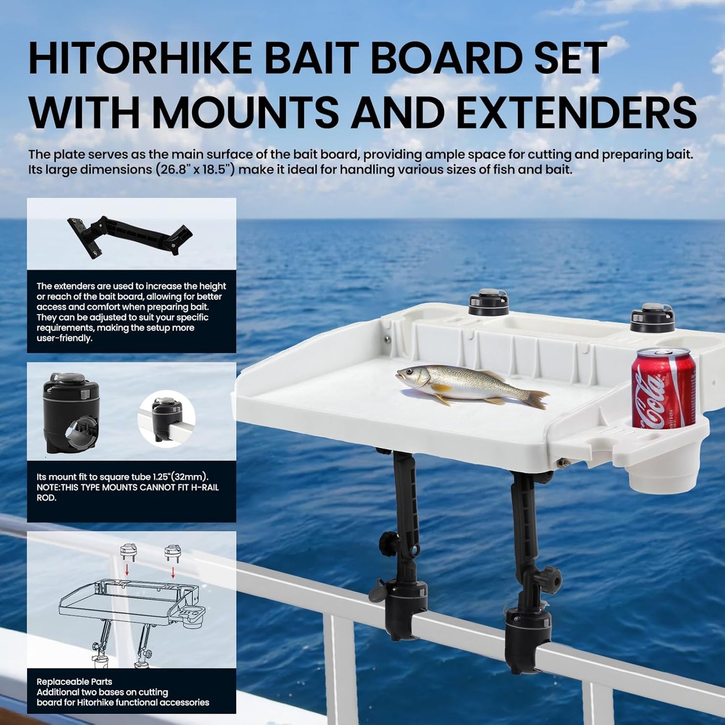 HITORHIKE Bait Board Set with Mounts & Extenders – White Cutting Board for Bass, Center Console, Pontoon Boats – Great for Fishing, Filleting, Outdoor Cooking