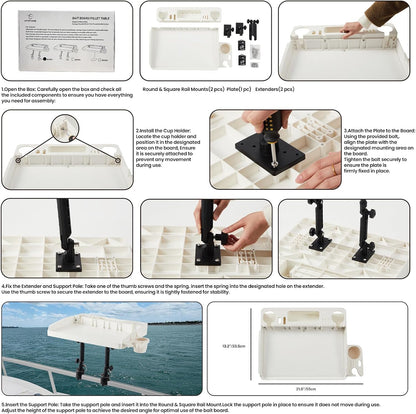 HITORHIKE Bait Board Set with Mounts & Extenders – White Cutting Board for Bass, Center Console, Pontoon Boats – Great for Fishing, Filleting, Outdoor Cooking