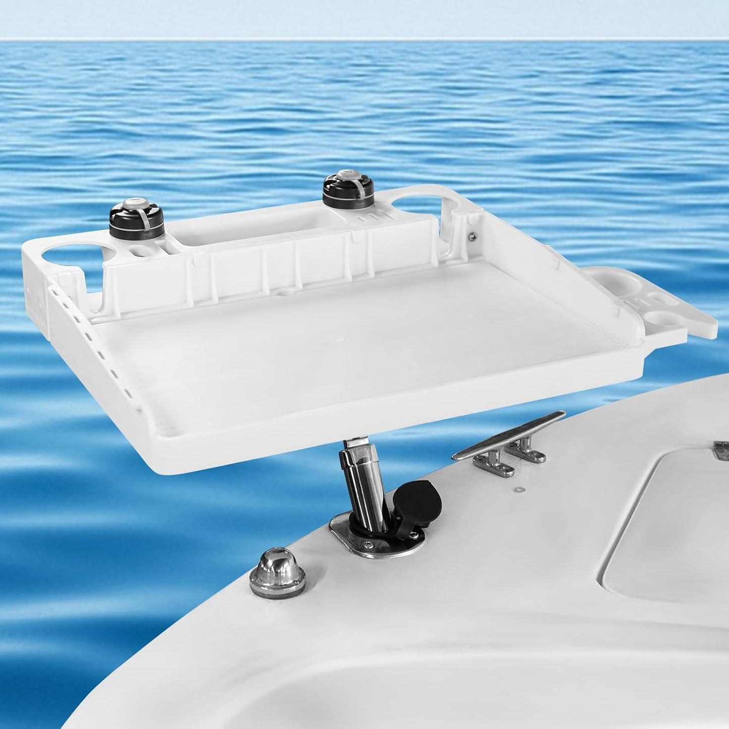 HITORHIKE Boat Cutting Board Bait Table with Stainless Steel Arm, Single Rod Holder, 360° Rotating Surface, Knife & Plier Slots, Drain Channel – Fish Cleaning & Fillet Station for Boats & Grills
