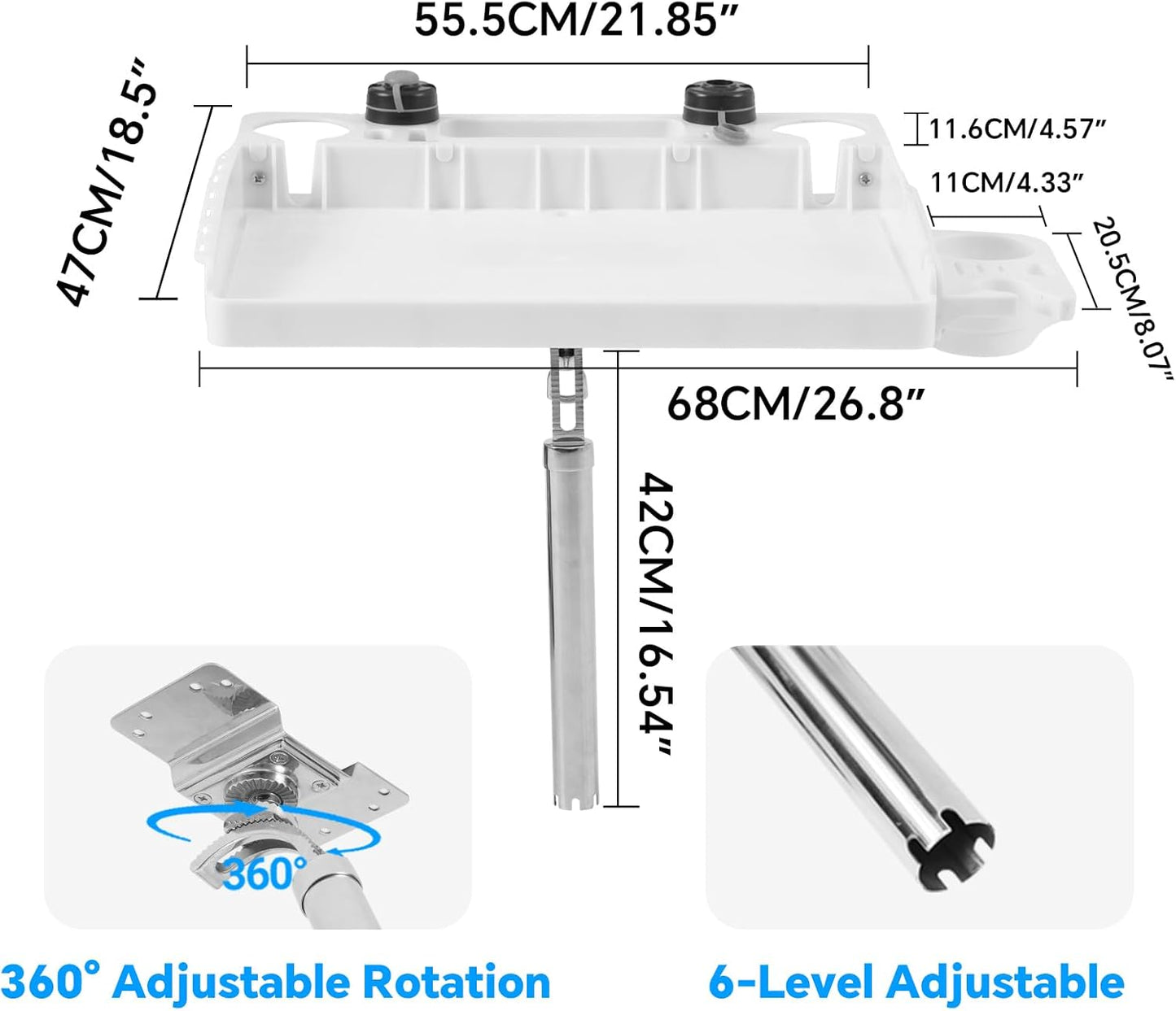 HITORHIKE Boat Cutting Board Bait Table with Stainless Steel Arm, Single Rod Holder, 360° Rotating Surface, Knife & Plier Slots, Drain Channel – Fish Cleaning & Fillet Station for Boats & Grills