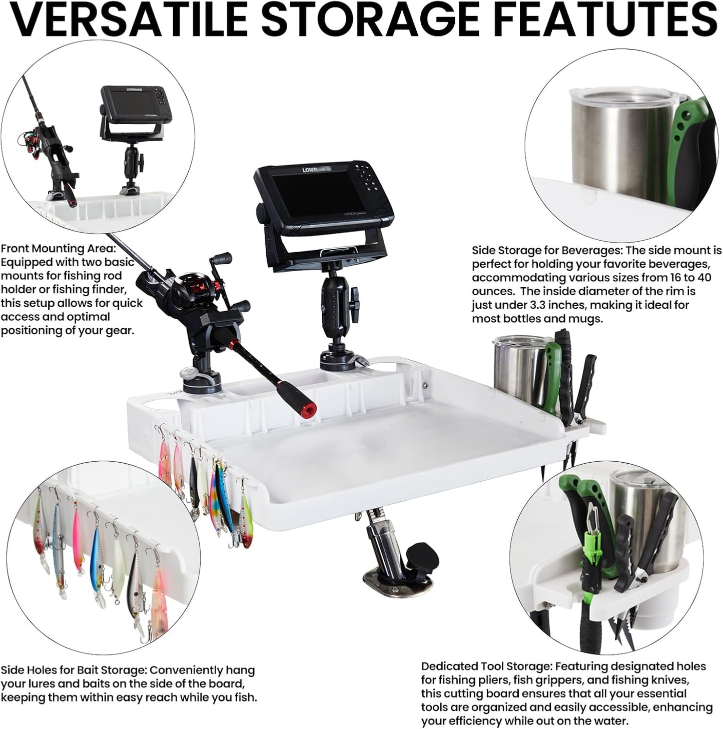 HITORHIKE Boat Cutting Board Bait Table with Stainless Steel Arm, Single Rod Holder, 360° Rotating Surface, Knife & Plier Slots, Drain Channel – Fish Cleaning & Fillet Station for Boats & Grills