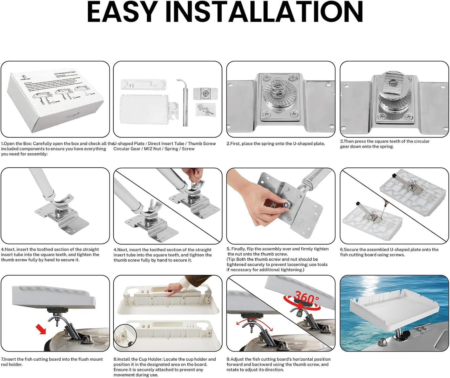HITORHIKE Boat Cutting Board Bait Table with Stainless Steel Arm, Single Rod Holder, 360° Rotating Surface, Knife & Plier Slots, Drain Channel – Fish Cleaning & Fillet Station for Boats & Grills