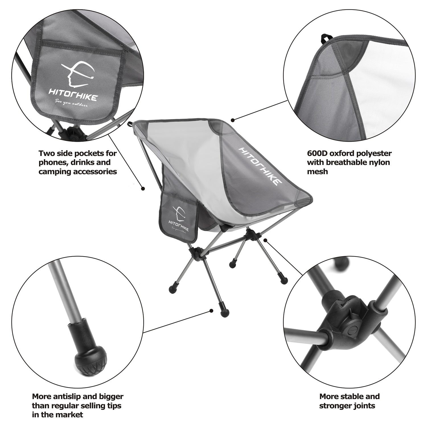 Hitorhike Camping Chair Breathable Mesh Construction 2 Side Pockets Aluminum Frame Camp Chair with Carry Bag 1PCS