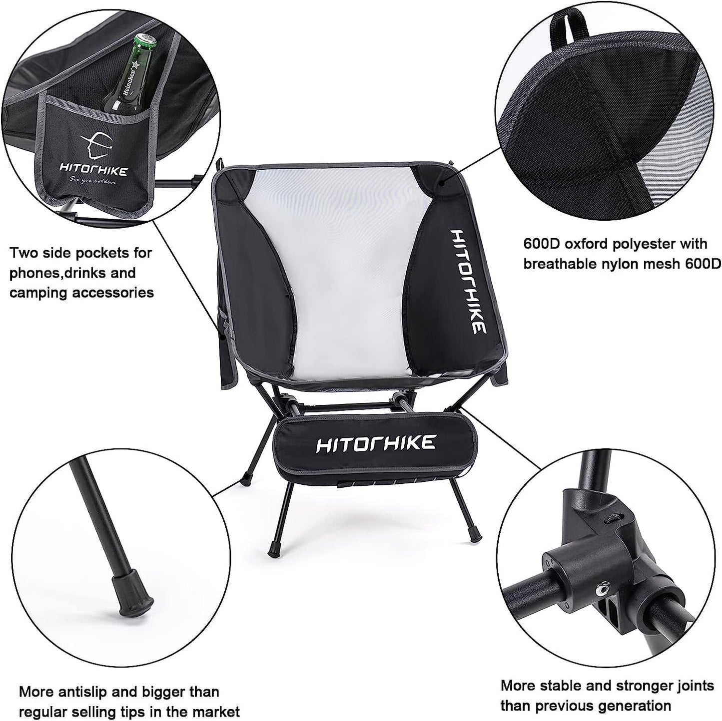 HITORHIKE Camping Chair Backpack Camping Folding Chair Breathable Mesh Structure Aluminum Frame with 2 Side Pockets Camping Chair Compact Ultralight Carrying Bag